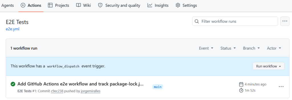 GitHub actions screen